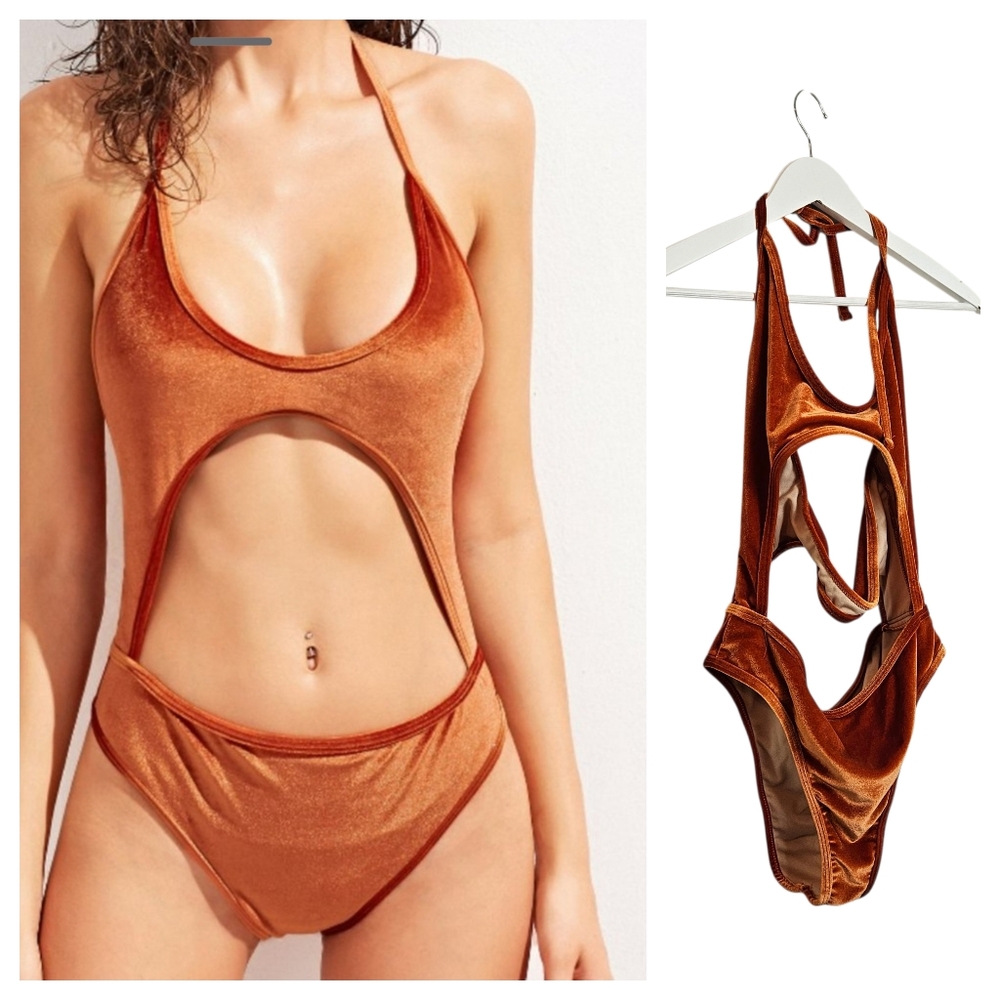 Sundaze Maze One Piece Swimsuit Womens  Large Velvet Cutout Rust Orange